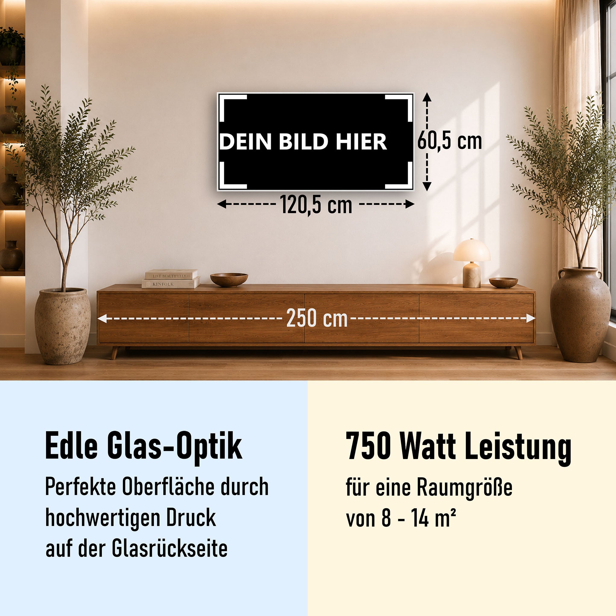 750 Watt (120x60cm) Eigenes Motiv Glas Bild Infrarotheizung