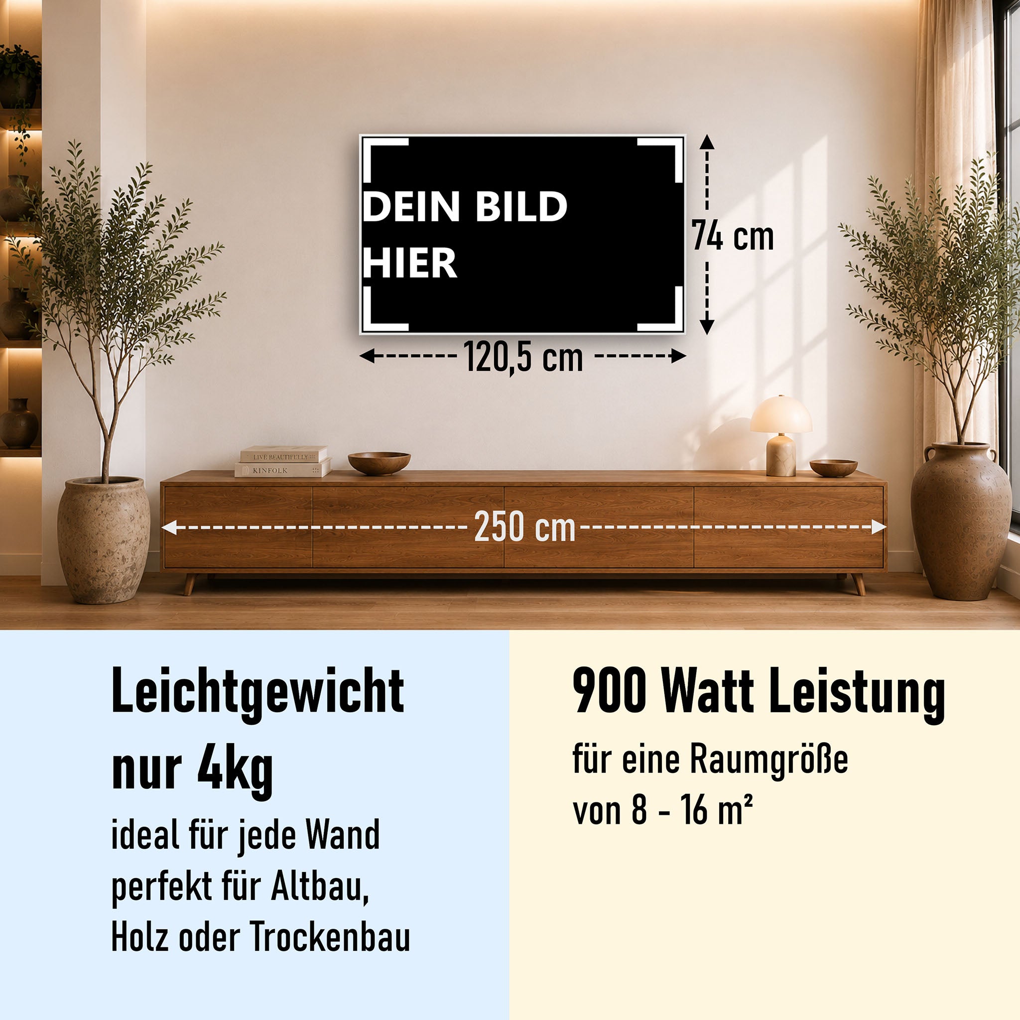 900 Watt (120x74cm) Eigenes Motiv Glas Bild Infrarotheizung