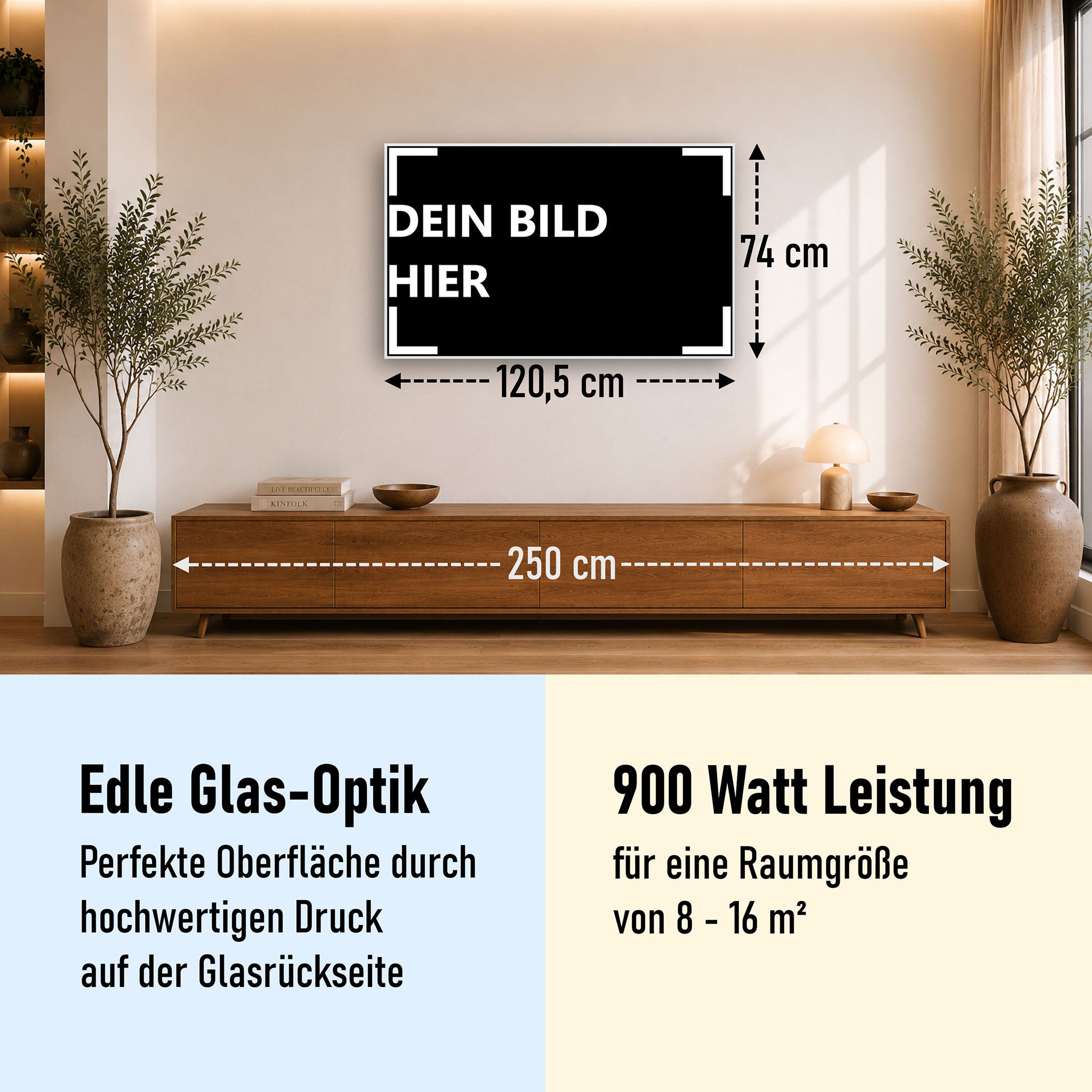 900 Watt (120x74cm) Eigenes Motiv Glas Bild Infrarotheizung