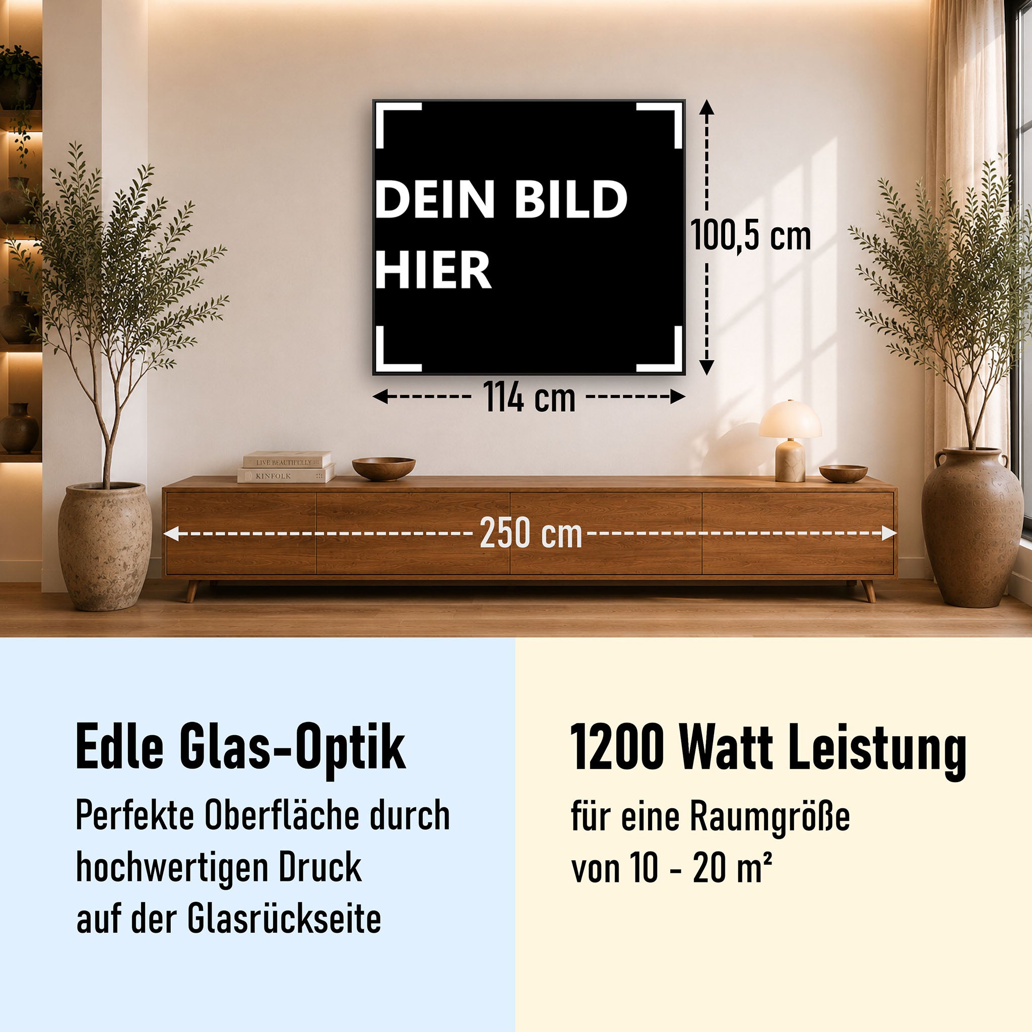 1200 Watt (114x100cm) Eigenes Motiv Glas Bild Infrarotheizung
