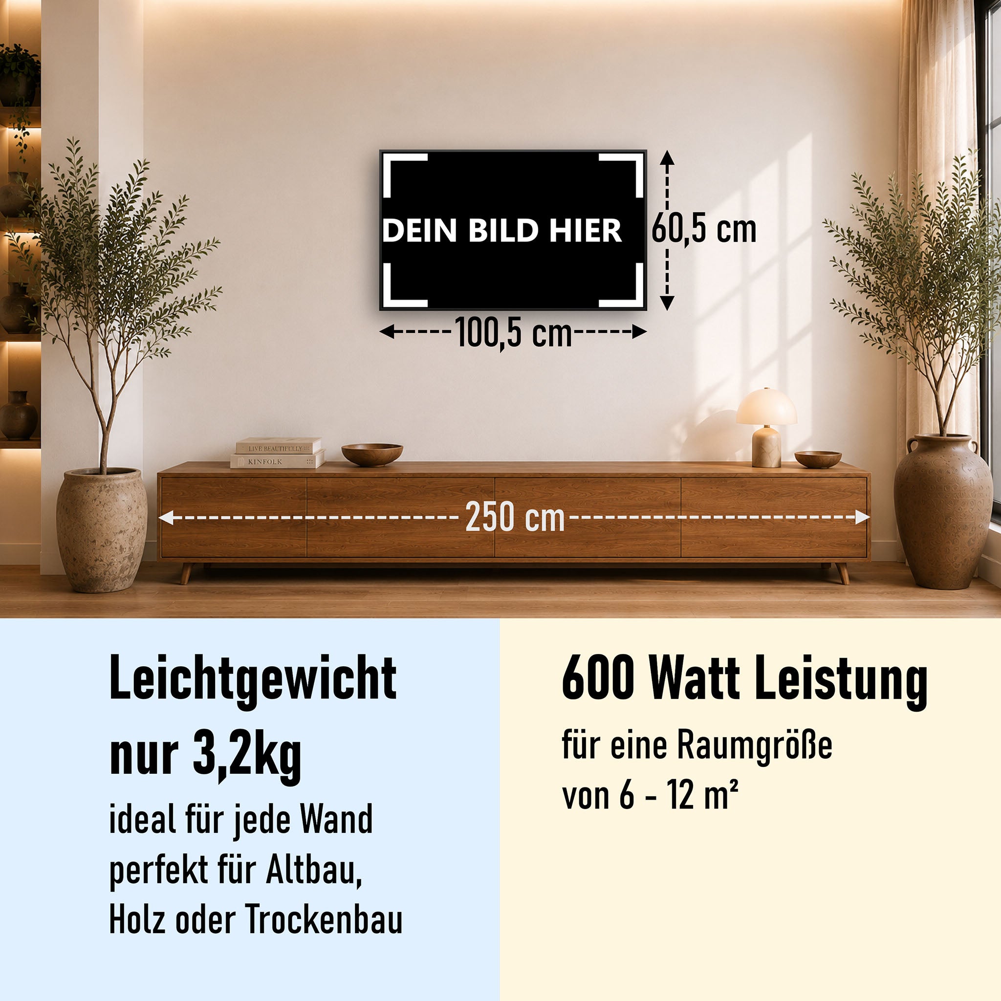 600 Watt (100x60cm) Eigenes Motiv Glas Bild Infrarotheizung